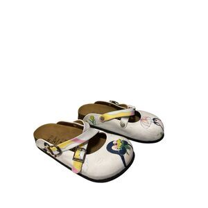 Goby 100% Leather Multi Colored Playful Penguin Patterned Slip On Clogs Women's